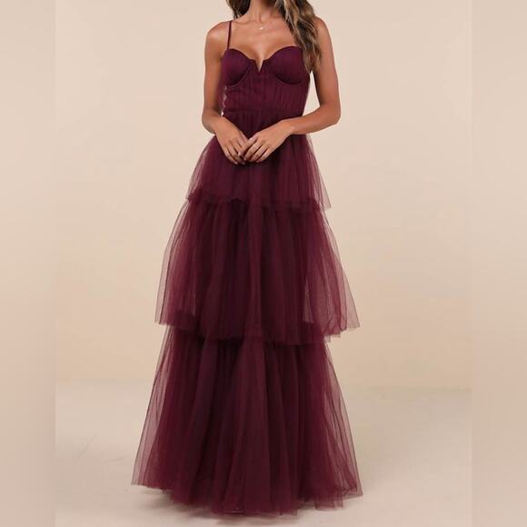 Lulus Unforgettable Poise Plum Purple Tulle Bustier Tiered Maxi Dress Sz M - Picture 1 of 8